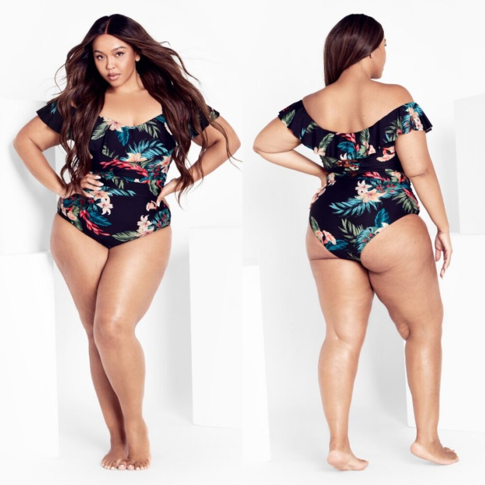NWT City Chic Off Shoulder Ruched Lace Up Back Removable Straps Swimsuit 20
